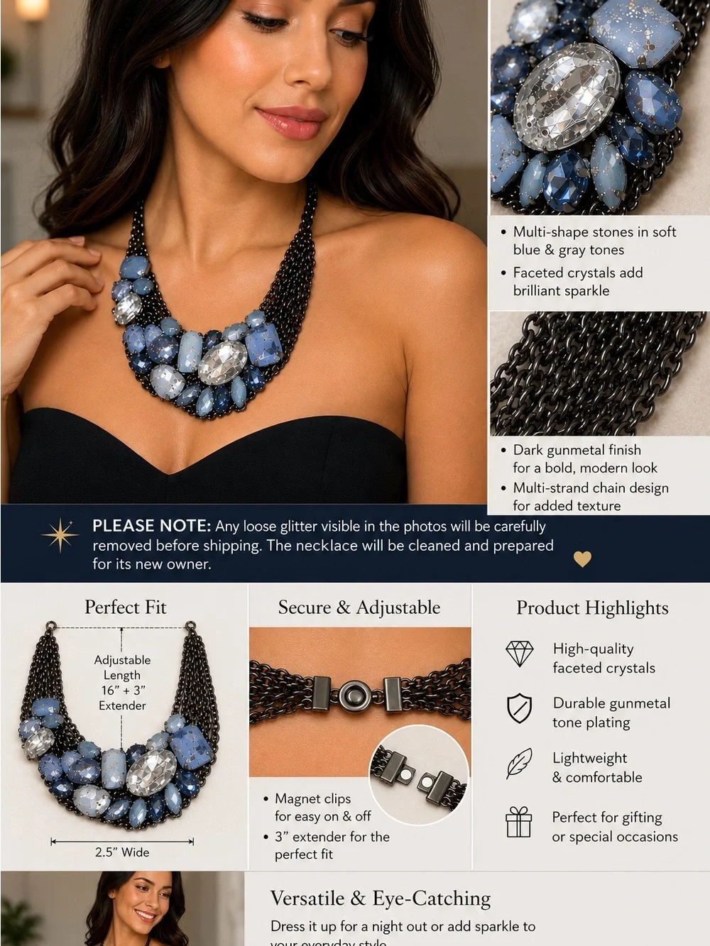 Vintage-Style Dark Gunmetal Multi-Blue Statement Necklace-Needs cleaning